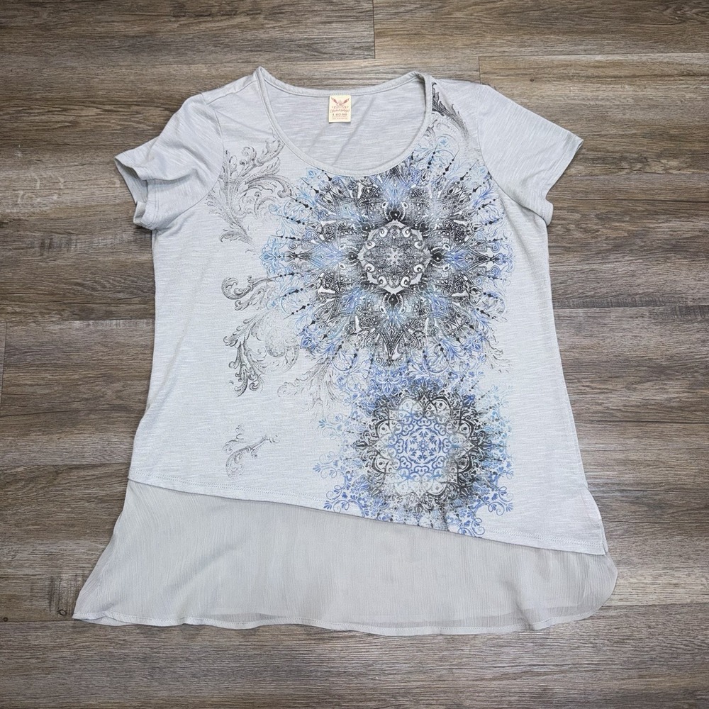 Faded Glory Short-Sleeve Tunic Tee Womens L (12-14) Blue Black Mandala Graphic